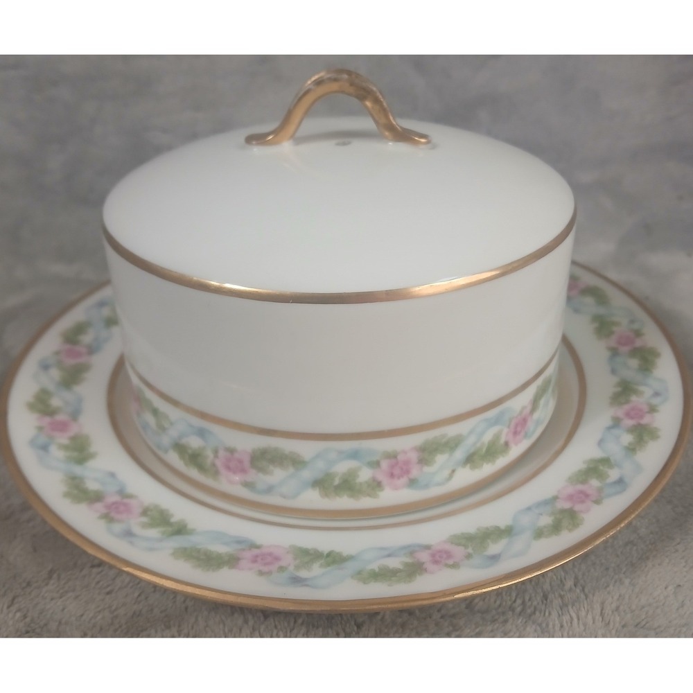 GDA Limoges‎ France Porcelain Covered Butter Dish Pink Floral Blue Ribbon Gold